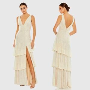 NWT Ieena for Mac Duggal Iridescent Sequin Asymmetrical Ruffle Tiered Gown Sz 12